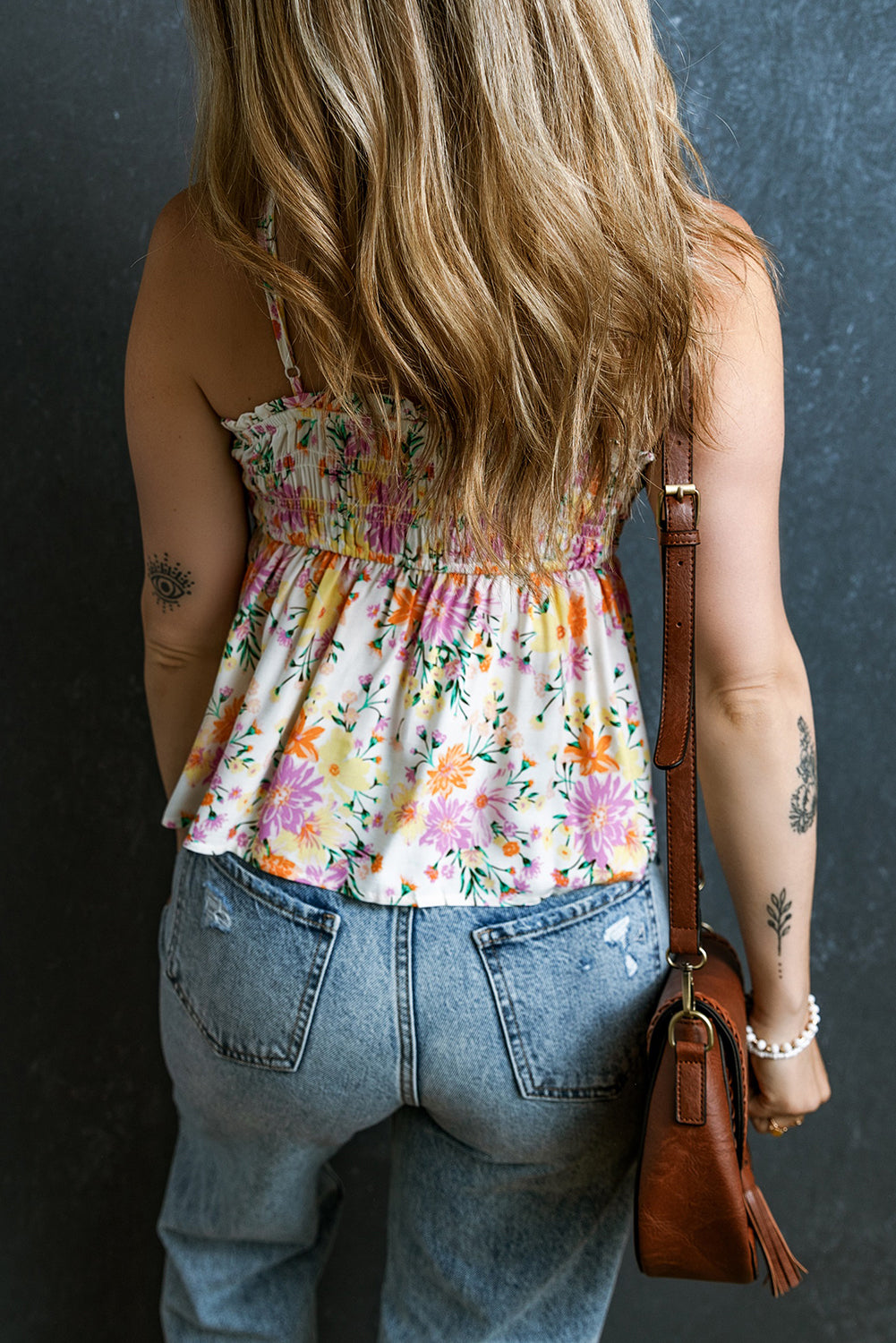 Purple Floral Shirred Peplum Cami Top