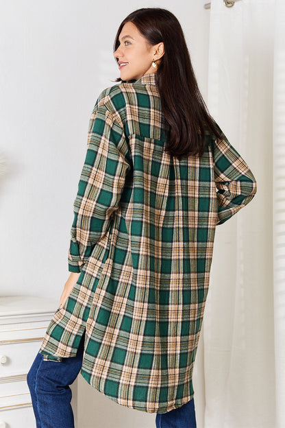 MANDY Long Buttoned Up Plaid Shirt with Side Pockets - Up to 2XL