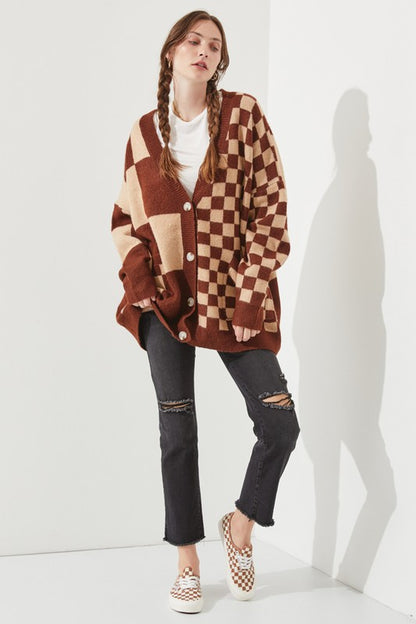 JADE by JANE Mocha/Beige Checkered Oversized Sweater