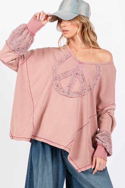 SAGE + FIG Mauve Oversized Peace Sign Mineral Wash Terry Top