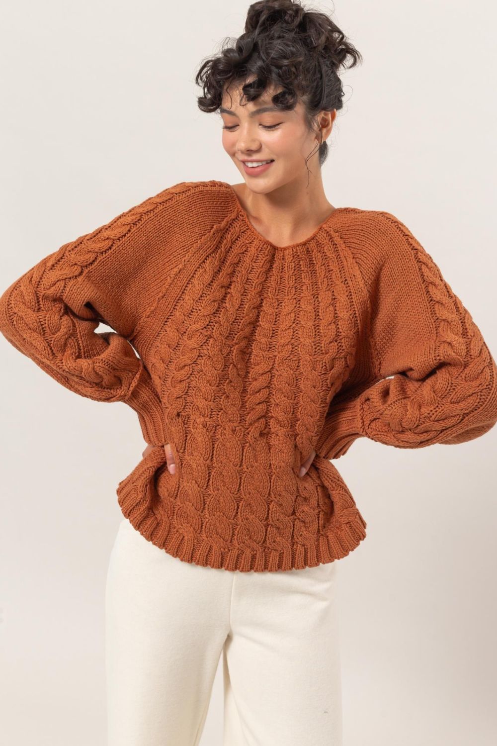 HYFVE Cable-Knit Round Neck Raglan Sleeve Sweater in Color Rust