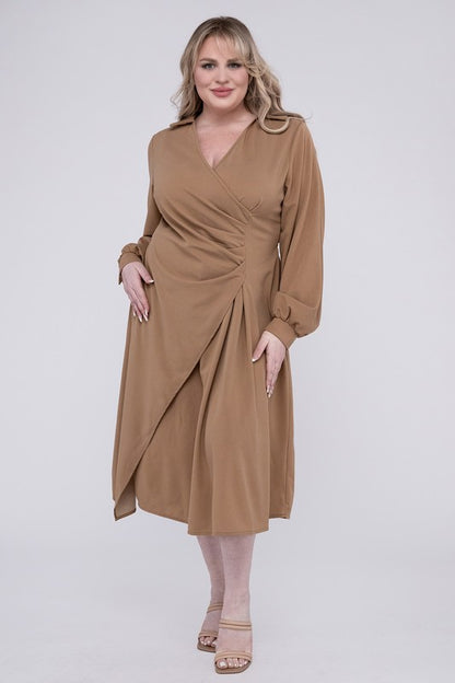 NUVI APPAREL Beige Plus-size Solid Twist Front Wrap Dress