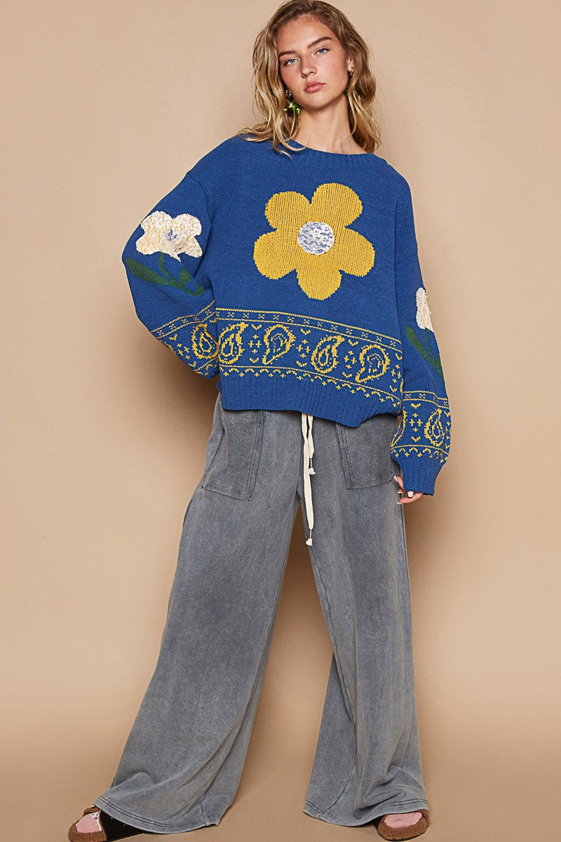 POL Blue Flower Lace Patch Long Sleeve Sweater