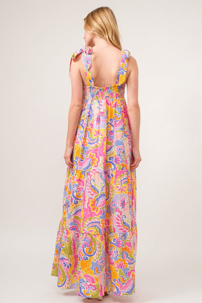 AND THE WHY Full Size Printed Tie Shoulder Tiered Maxi Dress