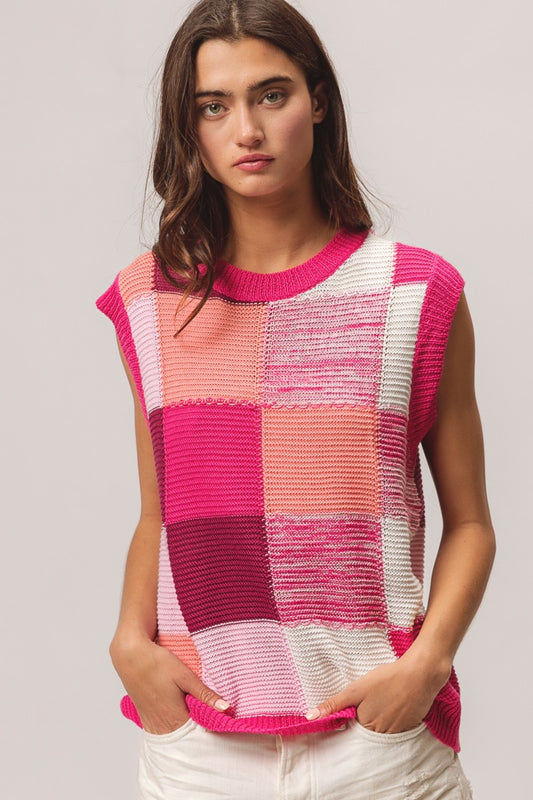 BiBi Fuchsia Color Block Round Neck Sweater Vest