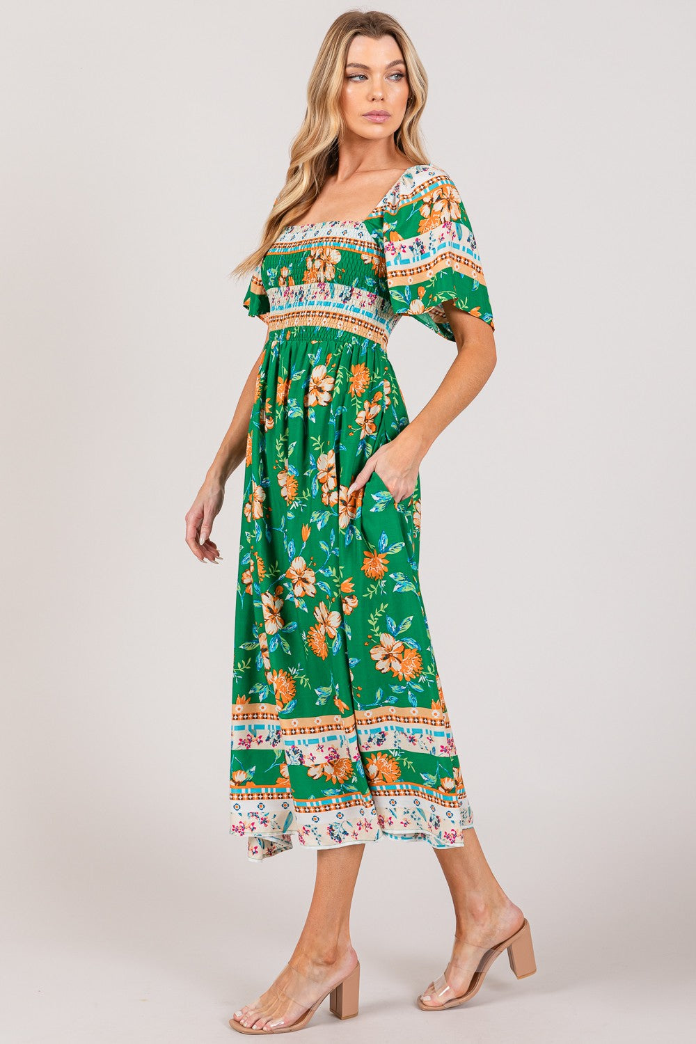 SAGE + FIG Boho Printed Smocked Short Sleeve Midi Dress