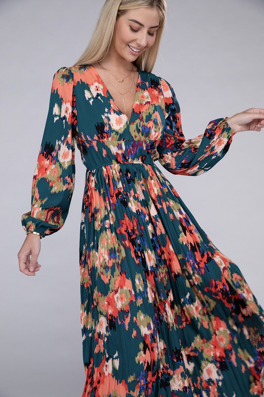 NUVI APPAREL Floral Satin Pleated Maxi Dress