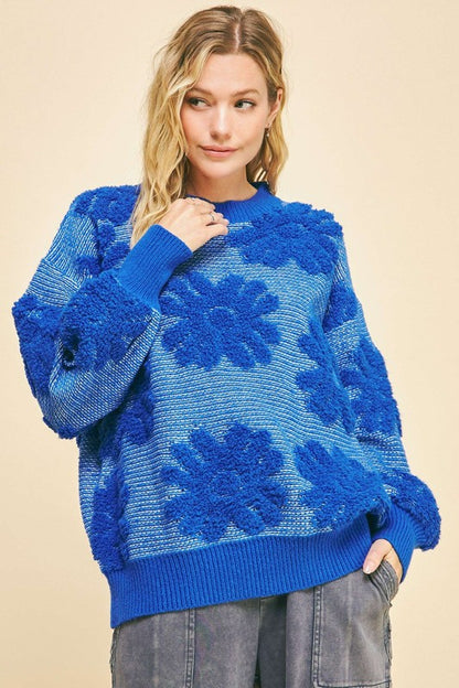 Davi & Dani Women's Blue Flower Texture Dropped Shoulder with Round Neck