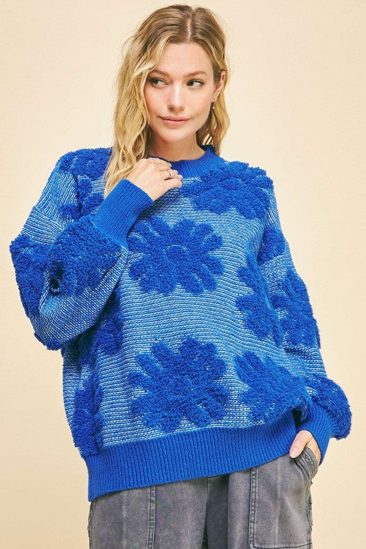 Davi & Dani Women's Blue Flower Texture Dropped Shoulder with Round Neck