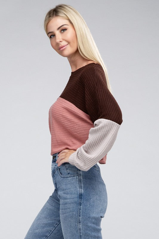 Mauve Pink Color Block Waffle Knit Sweater