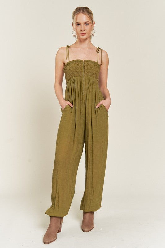 JADE by JANE Plus-size Smocked Tie Strap Jumpsuit with Pocket