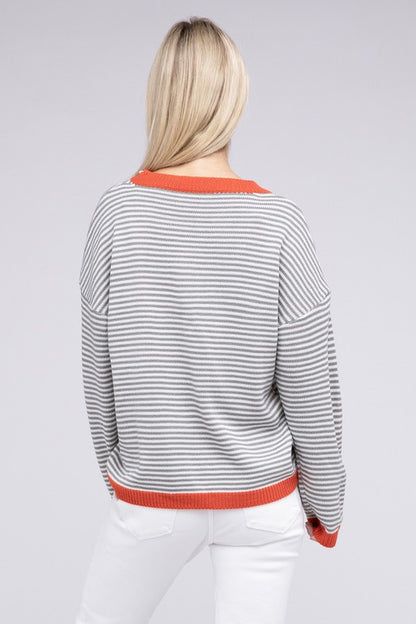 NUVI APPAREL Autumn Contrast Trimmed Striped Pullover Sweater