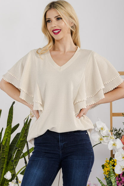 CELESTE Full Size V-Neck Lace Trim Flutter Sleeve Top