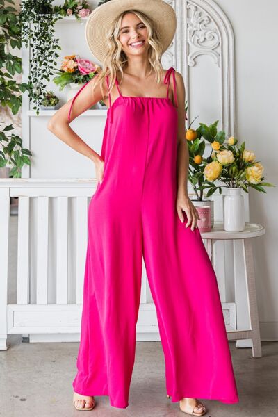 VEVERET Pocketed Spaghetti Strap Wide Leg Jumpsuit