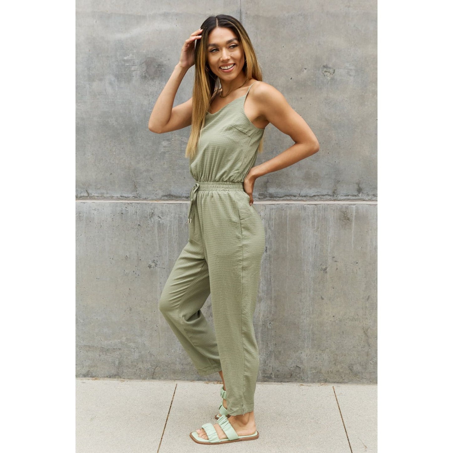 ODDI Full Size Textured Woven Jumpsuit in Sage