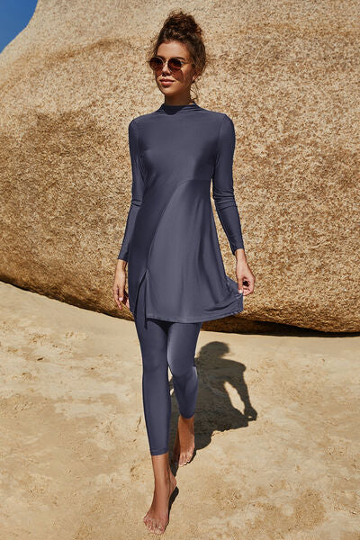 Slit Mock Neck Long Sleeve Top and Pants Modest Swim Set