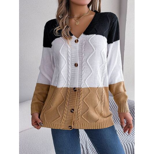 Cable-Knit Striped Button Up Cardigan Sweater