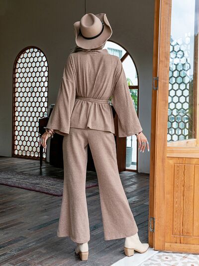 Taupe Dropped Shoulder Cardigan and Pants Set