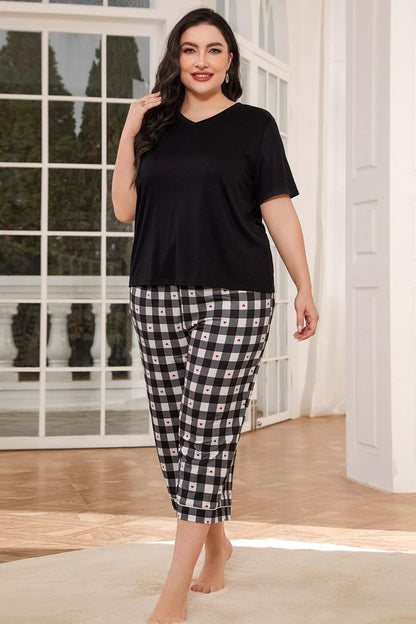 Plus-size V-Neck Tee and Plaid Cropped Pants Lounge Set