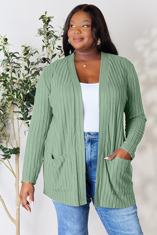 BASIC BAE Full Size Ribbed Open Front Cardigan with Pockets