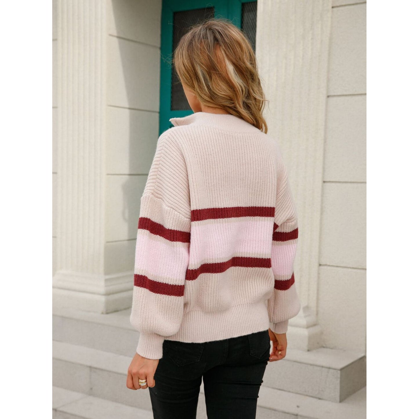 Striped Quarter-Zip Lantern Sleeve Sweater