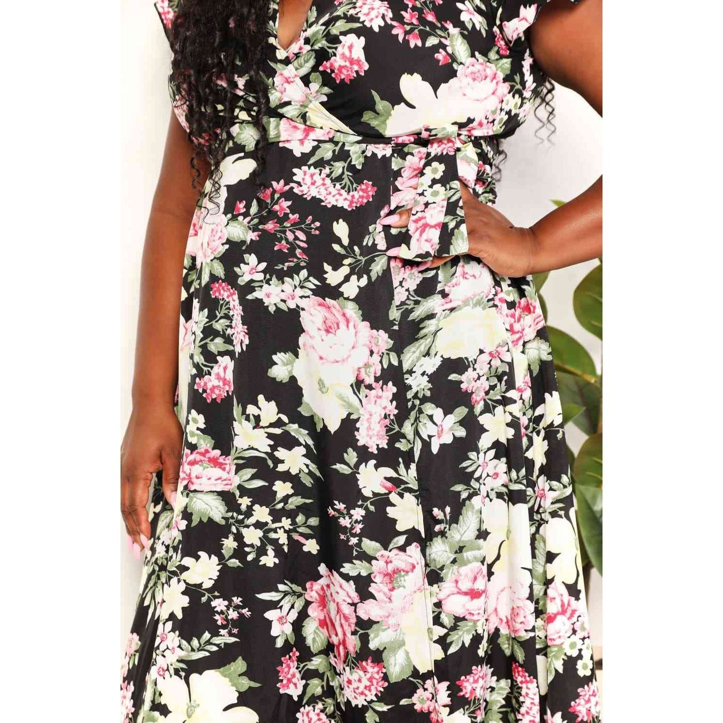 DOUBLE TAKE Floral Flutter Sleeve Tie-Waist Split Dress