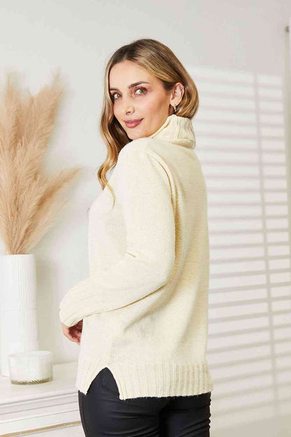 HEIMISH Full Size Long Sleeve Turtleneck Sweater with Side Slit