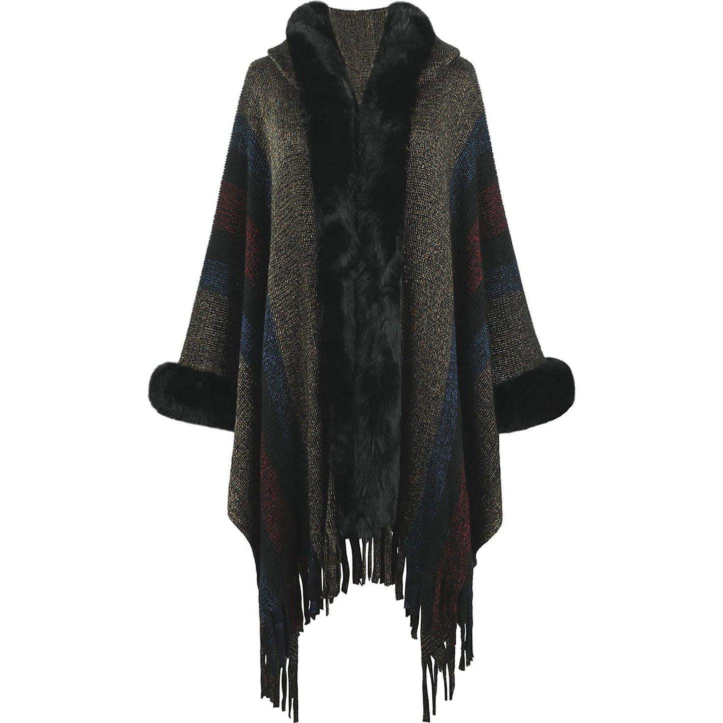 Color Block Fringe Detail Poncho