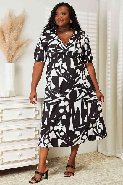 DOUBLE TAKE Printed Surplice Balloon Sleeve Dress