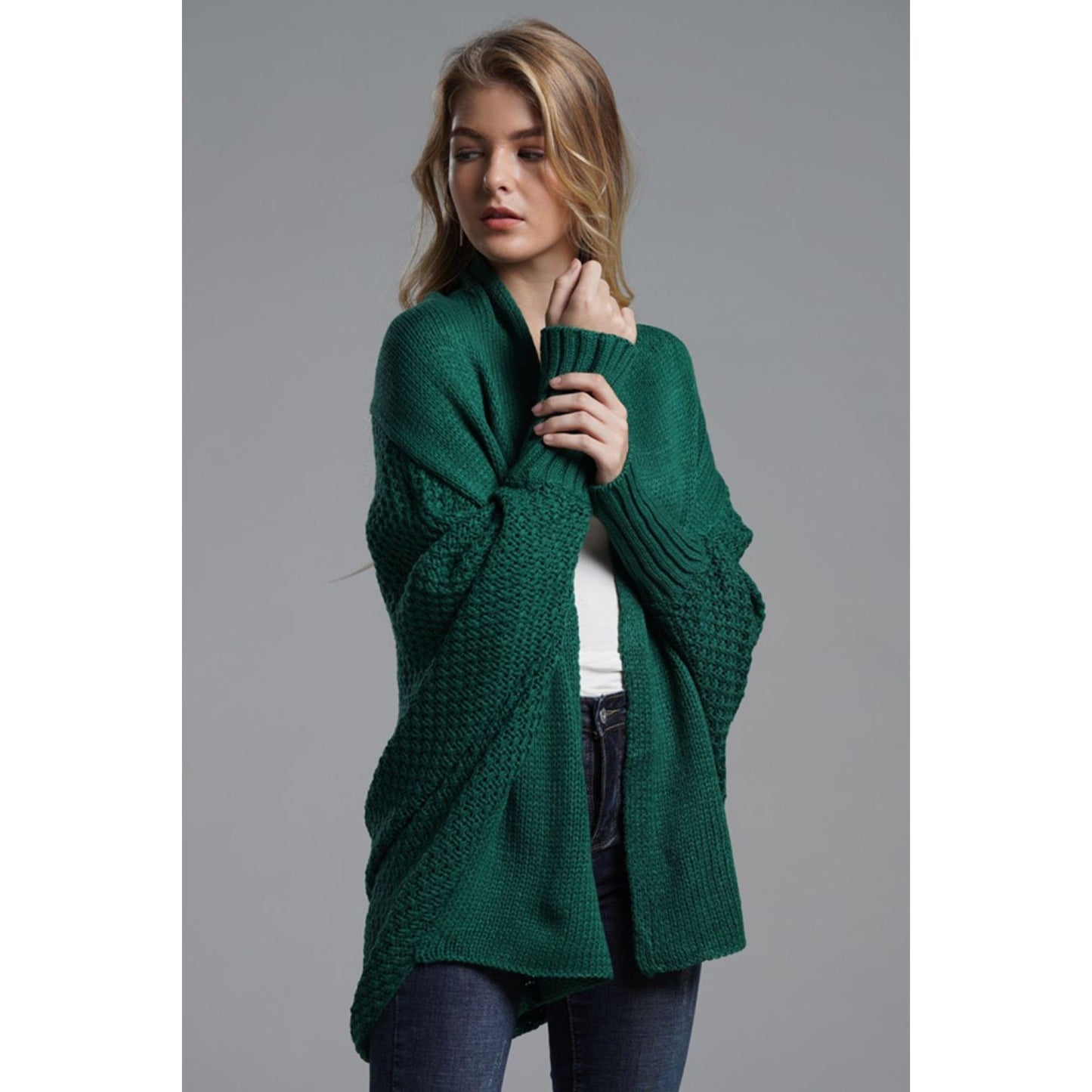 DOUBLE TAKE  Dolman Sleeve Open Front Ribbed Trim Longline Cardigan