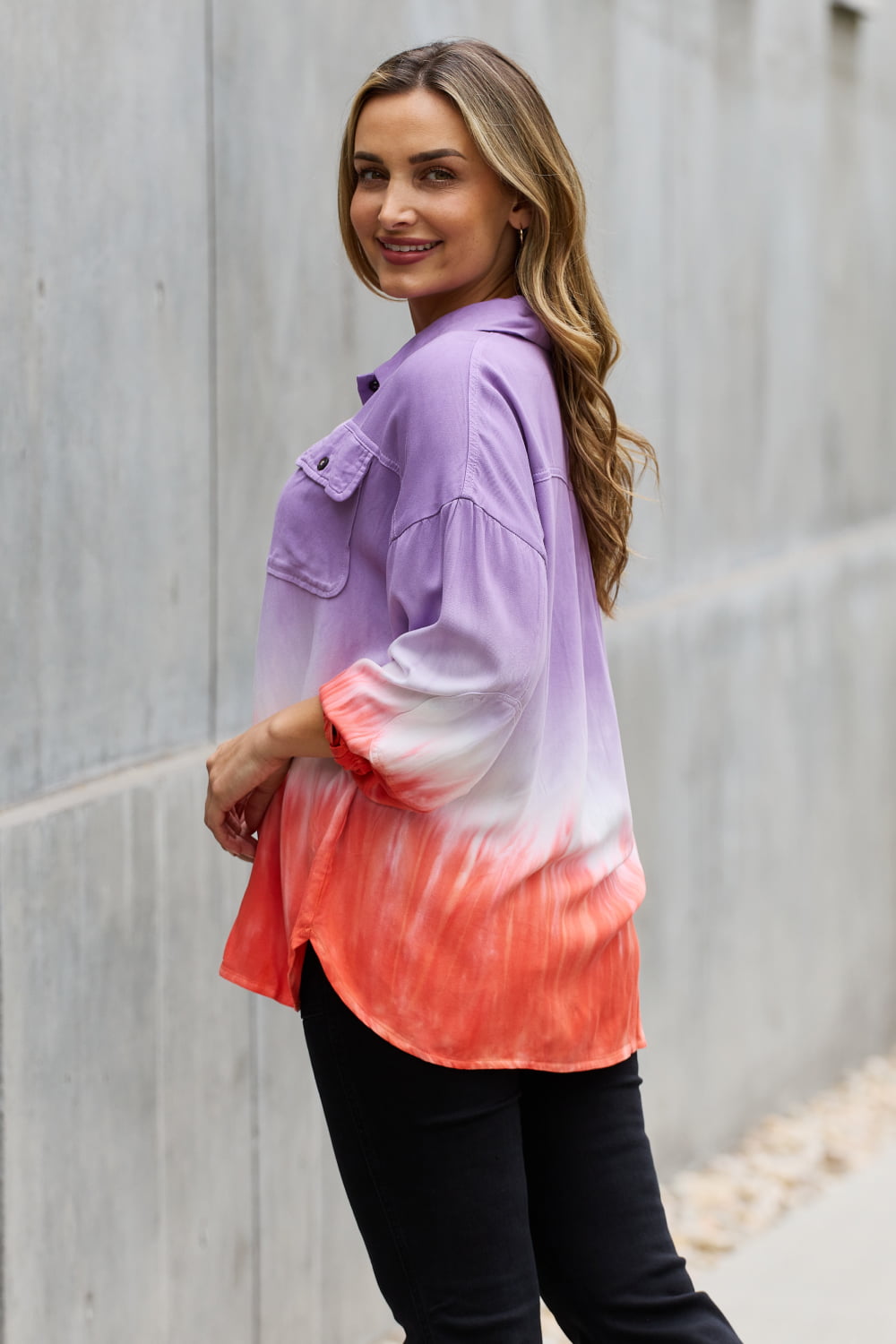 WHITE BIRCH Relaxed Fit Lavender Tie-Dye Button Down Top