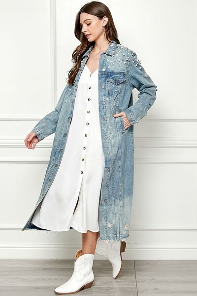 VEVERET Full Size Distressed Raw Hem Pearl Detail Button Up Jacket