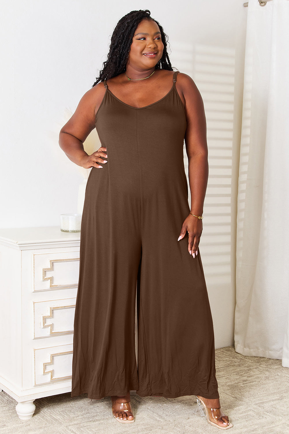 DOUBLE TAKE Full Size Soft Rayon Spaghetti Strap Tied Wide Leg Jumpsuit