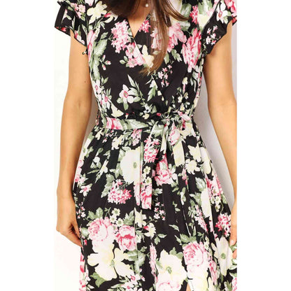 DOUBLE TAKE Floral Flutter Sleeve Tie-Waist Split Dress