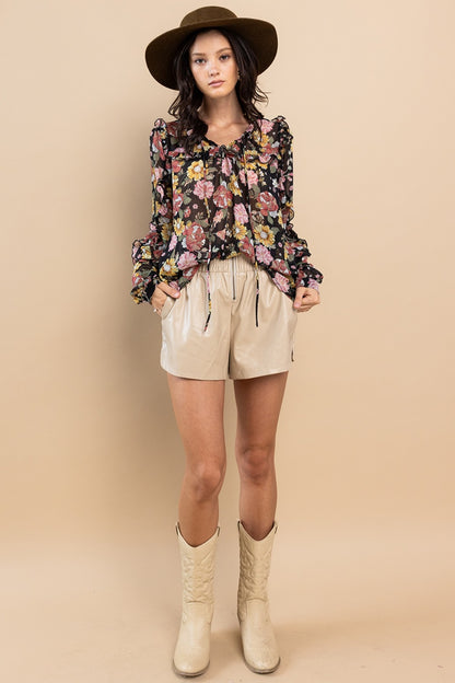 CES FEMMES Ruffle Trim Long Sleeve Floral Blouse