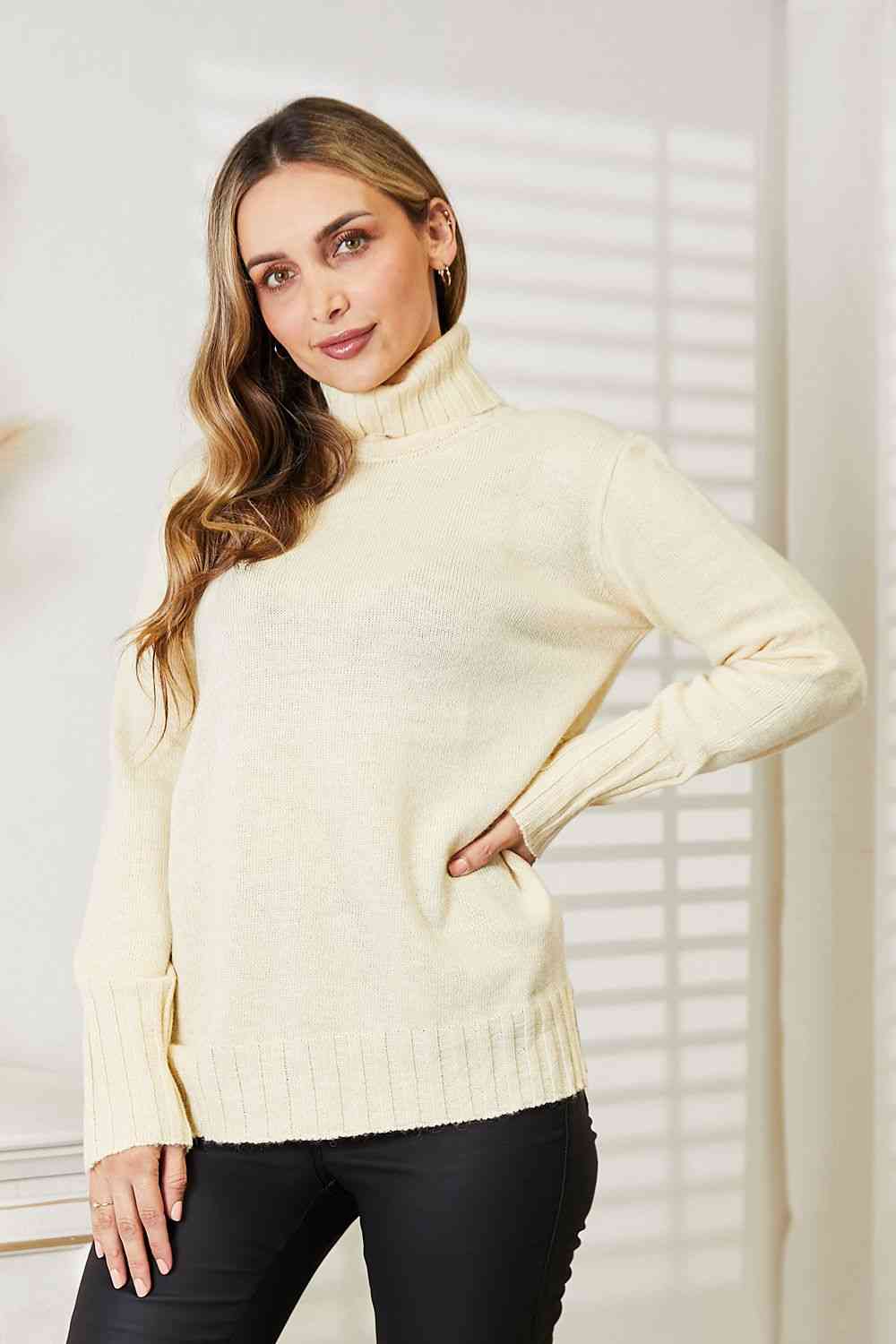 HEIMISH Full Size Long Sleeve Turtleneck Sweater with Side Slit