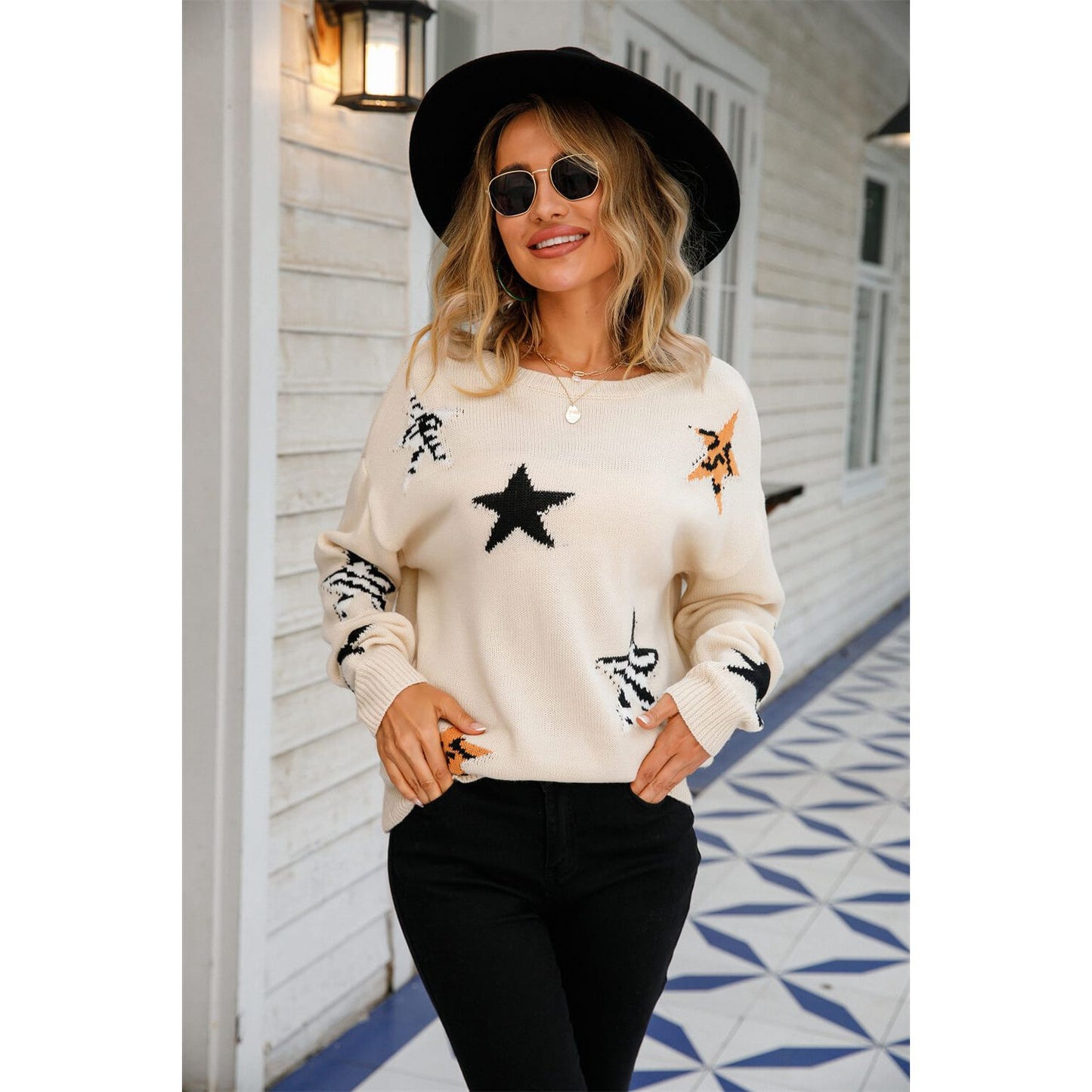 Star Pattern Round Neck Dropped Shoulder Sweater