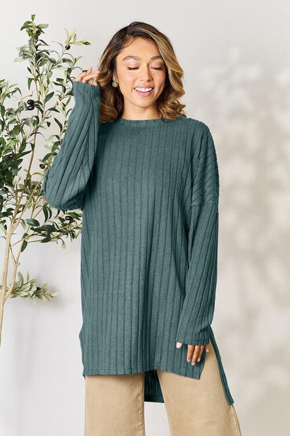 BASIC BAE Full Size Ribbed Round Neck Long Sleeve Slit Top/ S-3XL