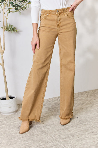 RISEN Full Size Mocha Fringe Hem Wide Leg Jeans