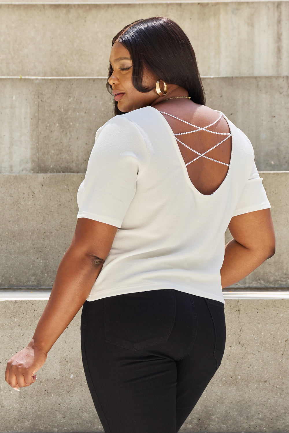 AND THE WHY Pearly White Full Size Criss Cross Pearl Detail Open Back T-Shirt/ S-3XL