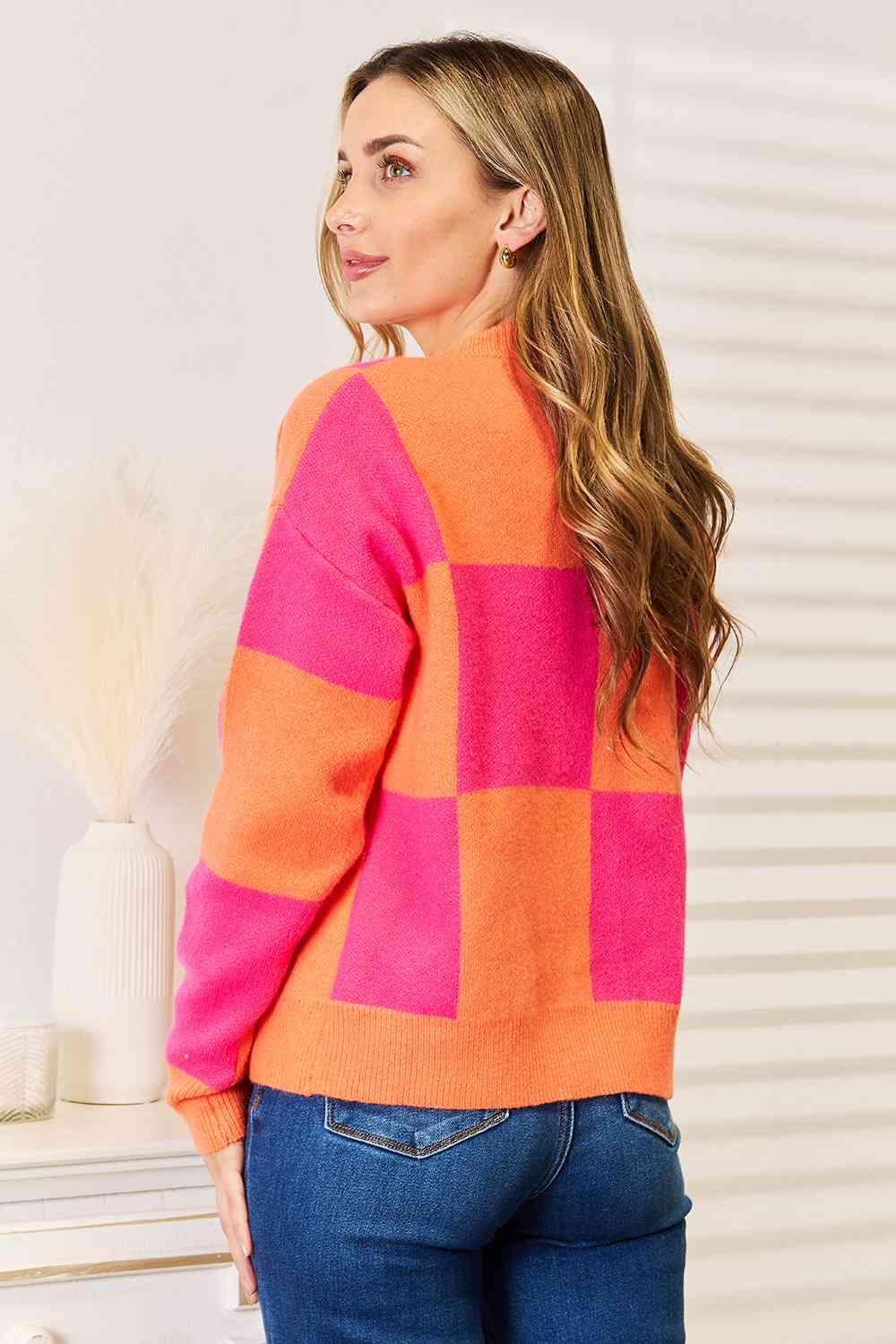 WOVEN RIGHT  Checkered V-Neck Dropped Shoulder Cardigan