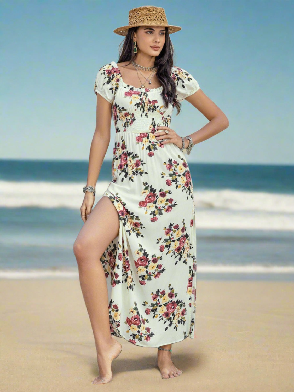 Tied Double-Spit Floral Short Sleeve Dress