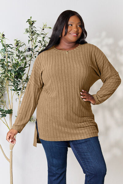 BASIC BAE Full Size Ribbed Round Neck Long Sleeve Slit Top/ S-3XL