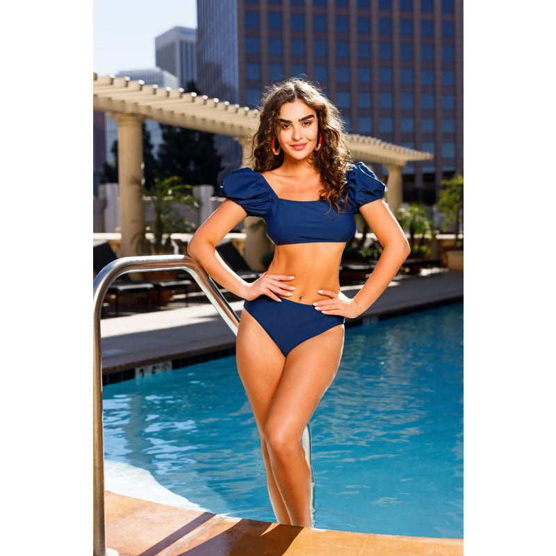 STYLISH SWIMWEAR Puff Shoulder High Waist Two Piece Set