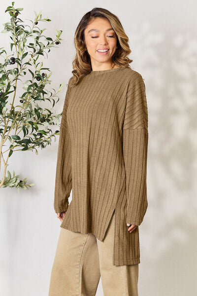 BASIC BAE Full Size Ribbed Round Neck Long Sleeve Slit Top/ S-3XL