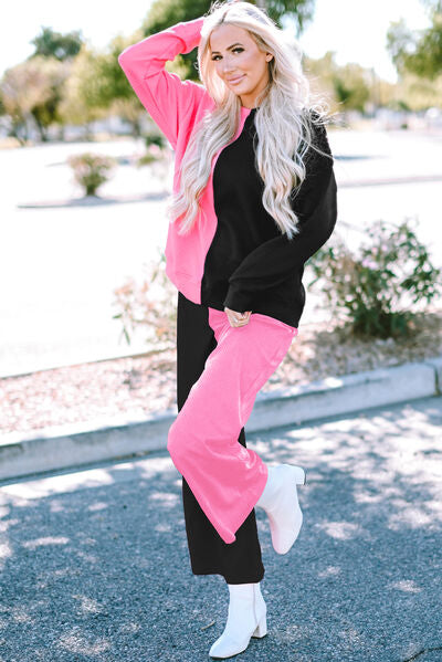 Pink/Black Color Block Round Neck Sweatshirt and Pants Set