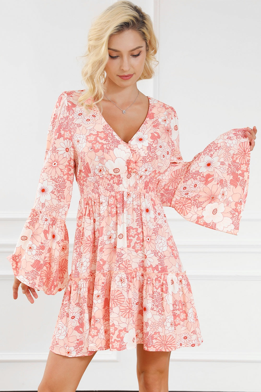 Smocked Floral Mini Dress with Flare Sleeves