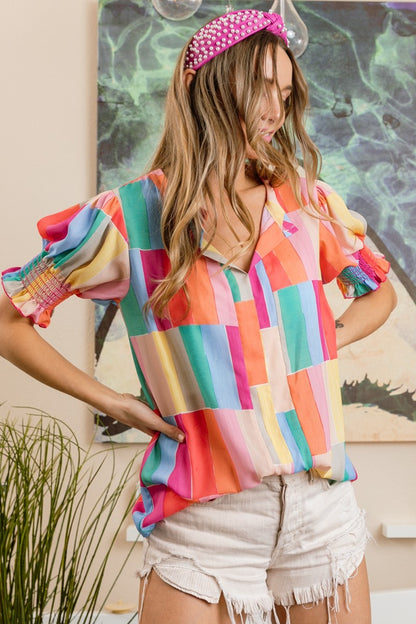 BiBi Multivivid Color Block Smocked Short Sleeve Blouse