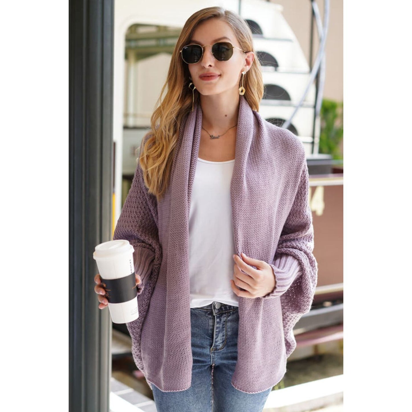 DOUBLE TAKE  Dolman Sleeve Open Front Ribbed Trim Longline Cardigan