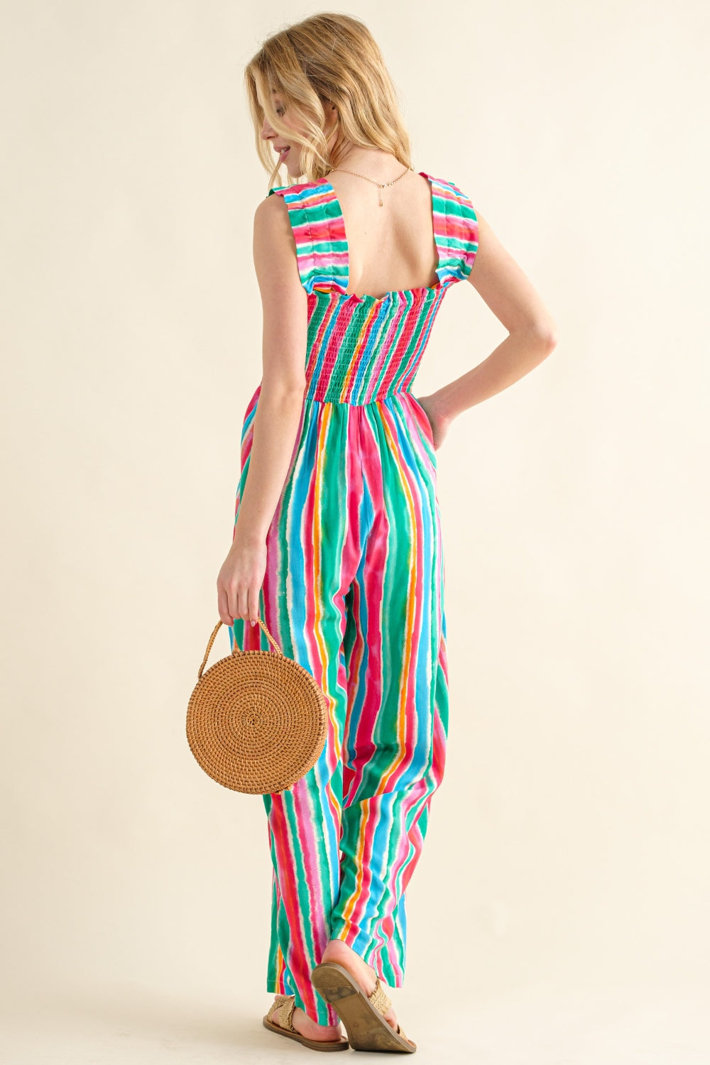 AND THE WHY Full Size Striped Smocked Sleeveless Jumpsuit/ S-3XL